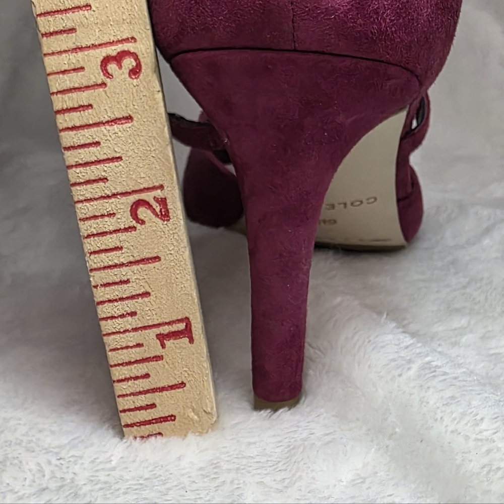 Cole Haan Juliana Burgandy Suede Strappy Pointed Toe Pumps Gold Details size 6B - Picture 8 of 9